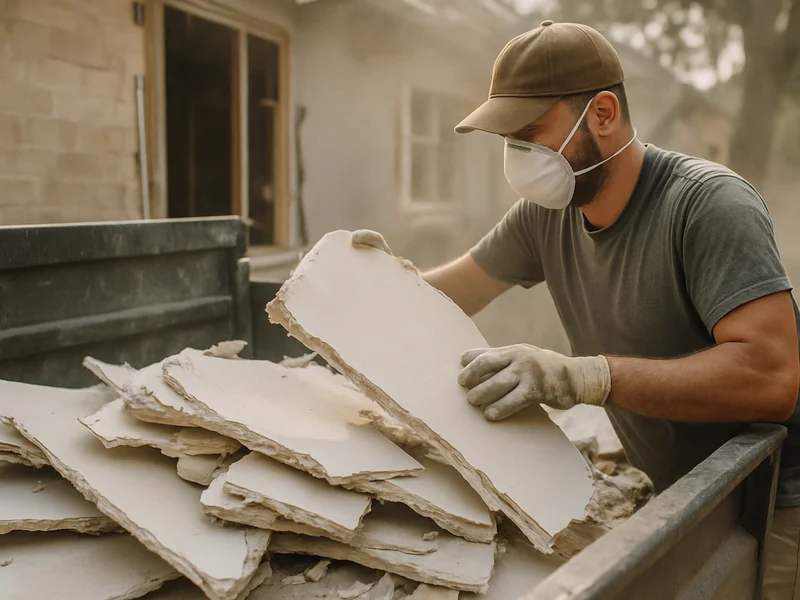 Worker loading broken drywall into a hauling truck